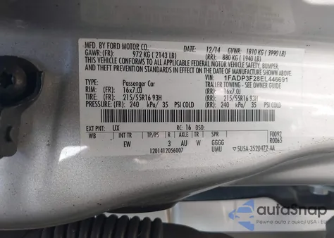 2014 Ford Focus Se from USA, damaged, VIN 1FADP3F28EL446691